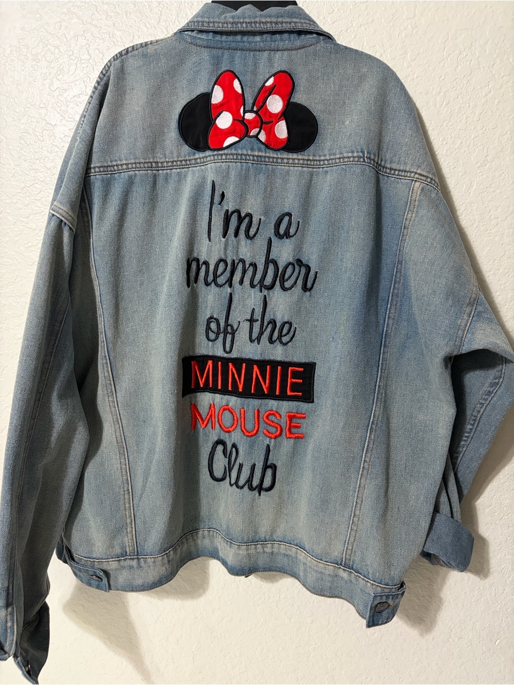 Disney Light Wash Denim Jacket with Minnie Red Bow Patch